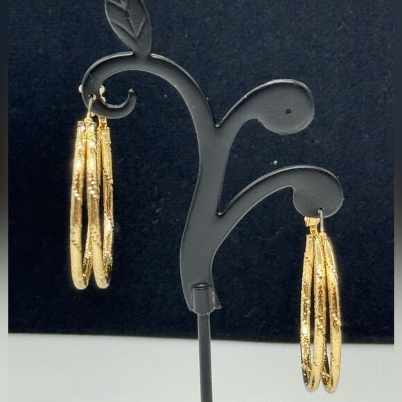 Ear Sense Gold Tone Textured Hoop Earrings 1 1/2 inch - Picture 2 of 4